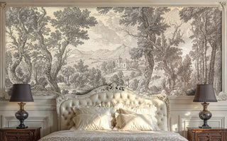 Pastoral landscape wall mural featuring intricate trees and rolling hills, displayed in elegant bedroom with ornate headboard