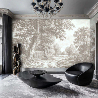 Pastoral landscape wallpaper in sepia tones, displayed in luxurious living room with black furniture