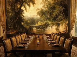 Pastoral landscape wallpaper showing wooded valley, featured in elegant dining room with mahogany table