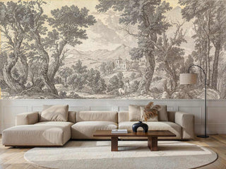 Pastoral wall mural showing countryside scene with architectural elements, modern minimalist living room setup