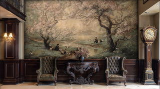 Pastoral wall mural with cherry blossoms and lake scene in luxurious entryway with grandfather clock