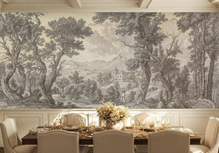 Pastoral wall mural with intricate tree details and distant castle, displayed in formal dining room with elegant table setting