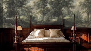 Pastoral woodland wall mural depicting serene forest pathway, displayed in luxurious bedroom with four-poster bed