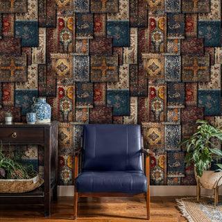 patchwork carpet design wallpaper with rich textures and patterns, displayed in elegant room with navy leather chair