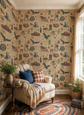 Patriotic collage wallpaper with flags, eagles, and boots on beige, in a cozy nook with gingham pillows