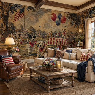 Patriotic dogs wall mural with terriers and fireworks in warm tones, in a rustic living room with leather armchair