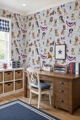 Patriotic dogs wallpaper featuring watercolor dogs and buntings in a home office with wooden desk and star print art.