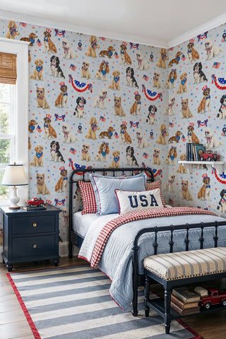 Patriotic dogs wallpaper with festive pups and scattered stars in a kids bedroom with iron bed frame and USA pillow.