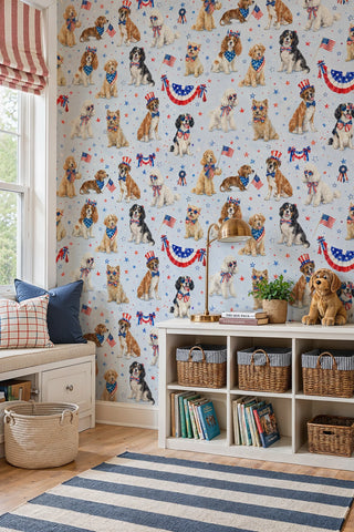 Patriotic Dogs Wallpaper With Watercolor Pups And Ribbons In A Kids Playroom With Reading Nook And Stuffed Dog Toy Rvsp 3037 7
