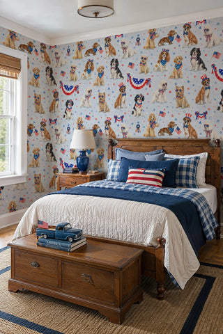 Patriotic dogs wallpaper with watercolor pups, flags, and stars in a cozy bedroom with blue bedding and toy truck