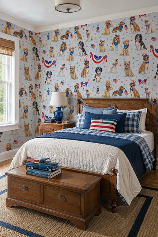 Patriotic dogs wallpaper with watercolor pups, flags, and stars in a rustic bedroom with wooden bed and navy bedding.