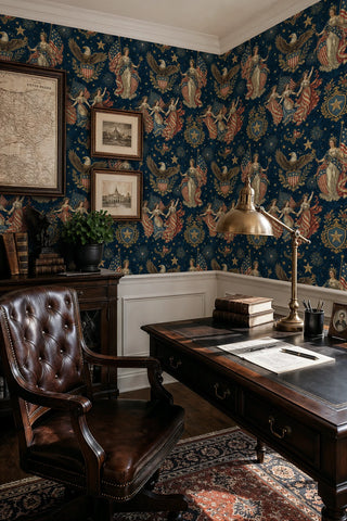 Patriotic heraldic wallpaper with eagles and star shields on navy, shown in a classic home office with leather chair and desk