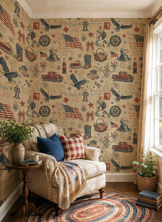 Patriotic heritage wallpaper featuring flags, cowboy boots, and postmarks in navy and red, in a cozy nook with plaid rug