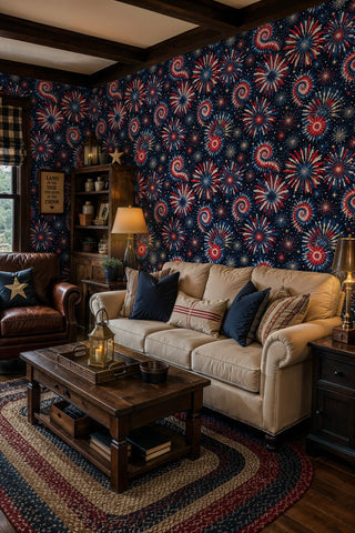 Patriotic starburst wallpaper on navy background, in a cozy living room with linen sofa and lantern