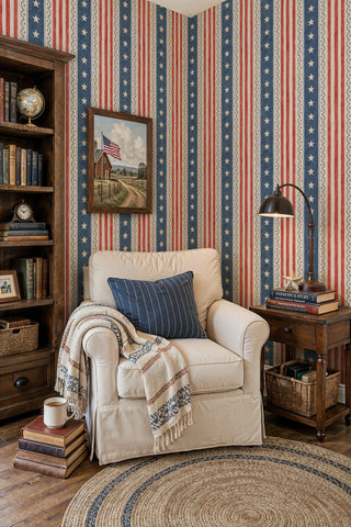 Patriotic stars and stripes wallpaper with scalloped borders in a cozy reading nook with bookshelf and globe