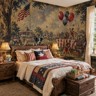 Patriotic terriers festival wall mural with red and blue balloons, in a rustic bedroom with wooden headboard