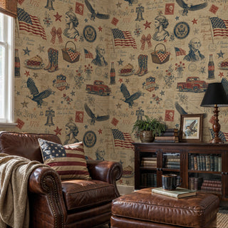 Patriotic Vintage Wallpaper With Eagles Flags And Script On Beige In A Den With Leather Sofa And Flag Print Cushion Rvsp 3032 7