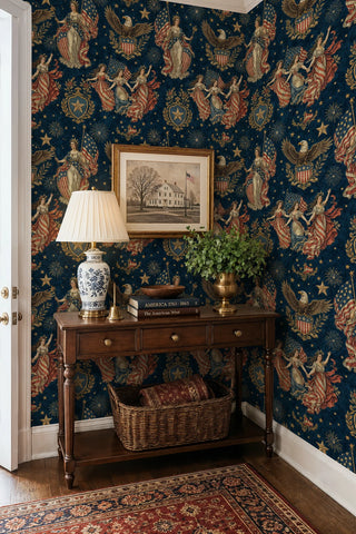 Patriotic wallpaper featuring heraldic eagles and golden stars on navy, in an entryway with console table and ceramic lamp