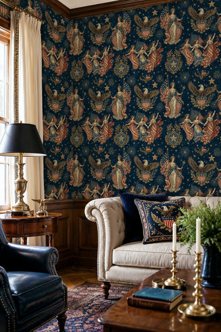 Patriotic wallpaper with eagles, Liberty figures, and heraldic shields on navy, in a traditional living room with tufted sofa
