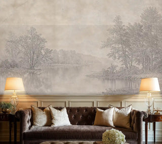 Peaceful forest lake wall mural in neutral tones, elegant sitting room with brown velvet tufted sofa