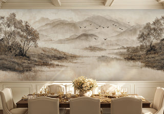 Peaceful mountain Wall Mural with watercolor effect, shown in formal dining room with coffered ceiling