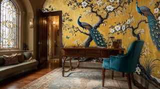 Peacock botanical wall mural in classic study with stained glass window and vintage desk