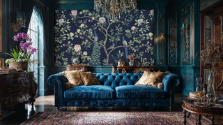 Peacock botanical wall mural with navy background in luxurious living room with crystal chandelier