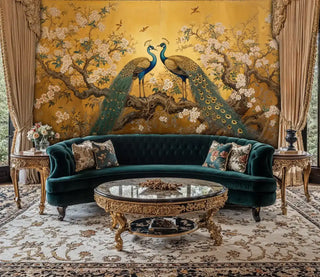 Peacock chinoiserie wall mural with golden blossoms in elegant living room with emerald velvet sofa