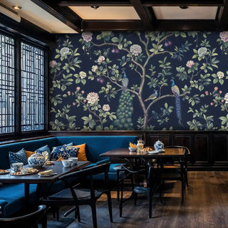 Peacock garden wall mural in traditional dining room with banquette seating and coffered ceiling