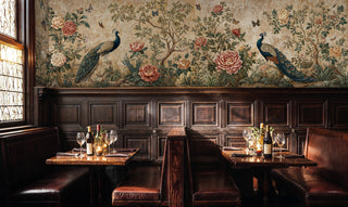 Peacock Garden wall mural with majestic birds and blooming peonies in warm golds and teals, in elegant restaurant booth