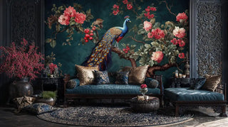 Peacock in rose garden wall mural with teal background and coral blooms in ornate living room with tufted sofa