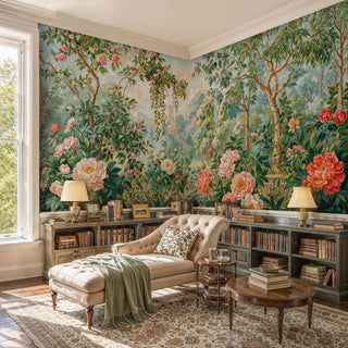Peony garden wall mural with coral and pink blooms amid green foliage in a cozy reading room with chaise lounge