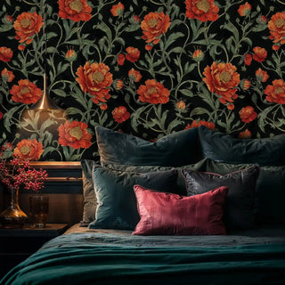 Peony wallpaper in coral and black tones, shown in bedroom with teal bedding and brass pendant light