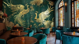 Phoenix and floral wallpaper in emerald and gold, displayed in sophisticated cafe with velvet chairs and stained glass