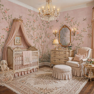 Pink botanical wall mural with songbirds and flowering trees, styled in a luxurious nursery with canopied crib