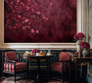Pink cherry blossom wall mural on burgundy background displayed in formal dining room with tea service