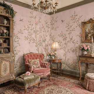 Pink chinoiserie wall mural with blossoms and songbirds, shown in an elegant sitting room with velvet armchair