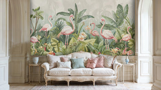 Pink flamingo botanical wallpaper among banana leaves, displayed in bright dining room with wicker pendant lights