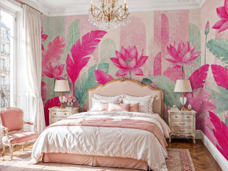 Pink lotus tropical wall mural with layered petals and green foliage, in a classic bedroom with upholstered bed frame