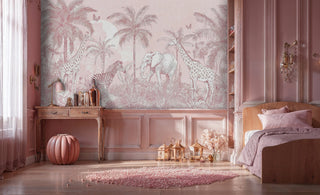 Pink safari animals wallpaper with elephants and giraffes, displayed in luxurious bedroom with copper accents