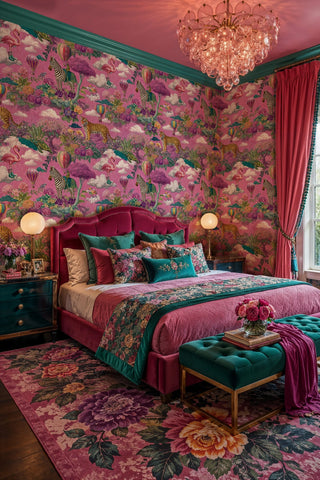 Pink safari wallpaper with zebras, tigers, and florals in a luxe bedroom with velvet headboard and chandelier