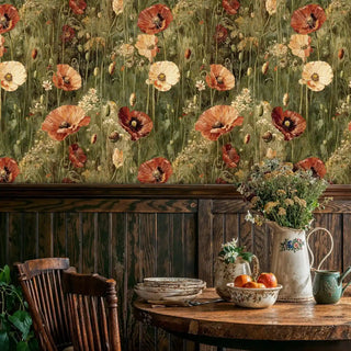 Poppy field wallpaper in earth tones and coral, displayed in dining room with wood wainscoting and rustic table