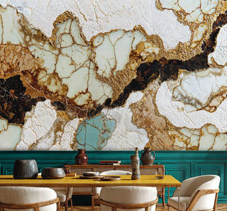premium marble wall mural with dramatic veining, shown in contemporary dining room with yellow table