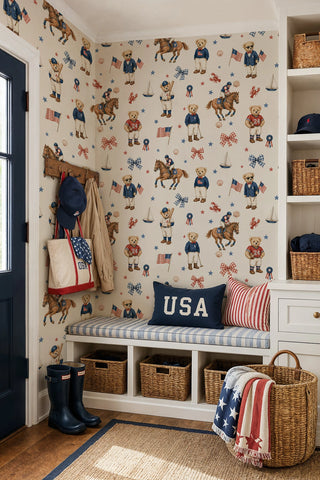 Preppy bear wallpaper with sailboats and lobsters in red and navy, in an entryway with rain boots
