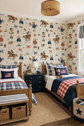 Preppy sporting bear wallpaper with polo horses and sailboats on ivory, in a kids bedroom with twin wooden beds