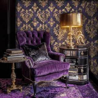 Purple and gold baroque wallpaper featuring detailed damask patterns, shown in luxury study with velvet armchair
