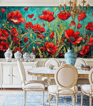 Red poppy field wallpaper with turquoise backdrop displayed in elegant dining room with ornate chandelier