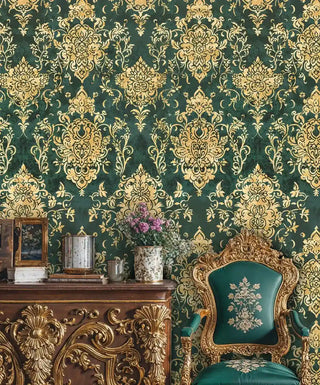 Regal damask wallpaper displaying intricate patterns in vintage setting with ornate wooden furniture and flowers
