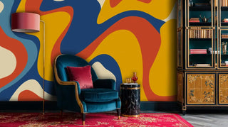 retro wave pattern wallpaper with organic forms, featured in elegant study with ornate bookcase