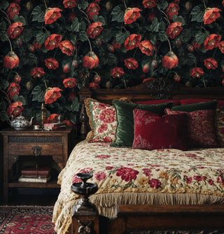 Rich botanical wallpaper featuring hellebore blooms displayed in bedroom with ornate headboard and floral bedding
